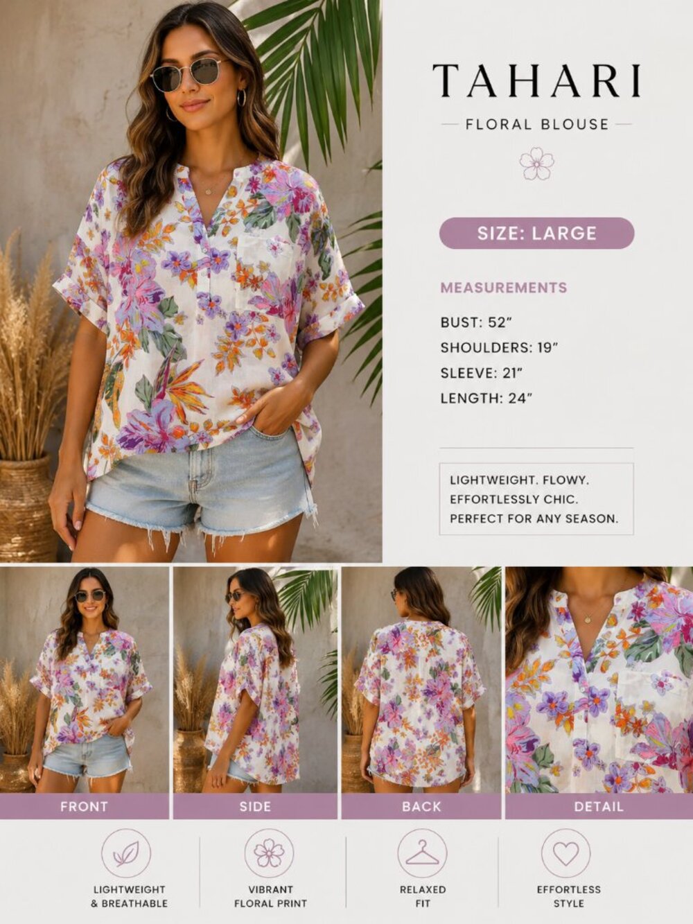 Tahari Floral Cotton Blouse Large Tropical Botanical Print - Picture 2 of 8